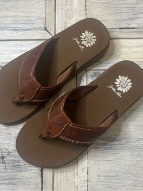 Yellow Box Brown Leather-Style Thong Sandals